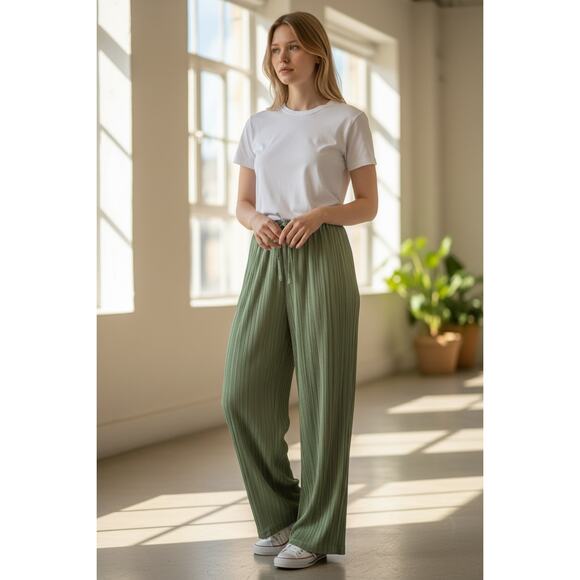 OGL Pants Size L Summer Classic Striped Wide Leg Pant Pockets Sweet Green Stripe - Picture 7 of 9